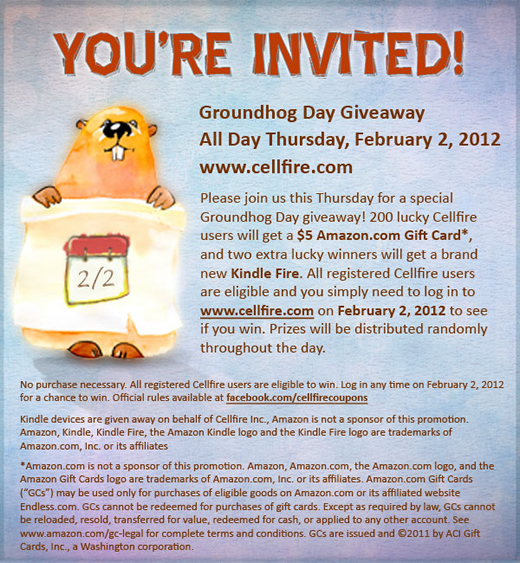 Cellfire Coupons Groundhog Day Giveaway! 200 $5 Amazon Gift Card Winners - ENDS TONIGHT