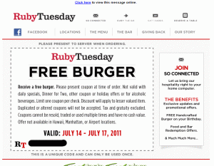Ruby Tuesday Free Burger