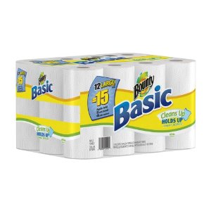 9% off Bounty Basic Paper Towels, Large Rolls, 12 Count